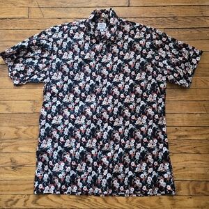 Vtg Maus & Hoffman L Black Floral Collared Short Sleeve Shirt Made in USA